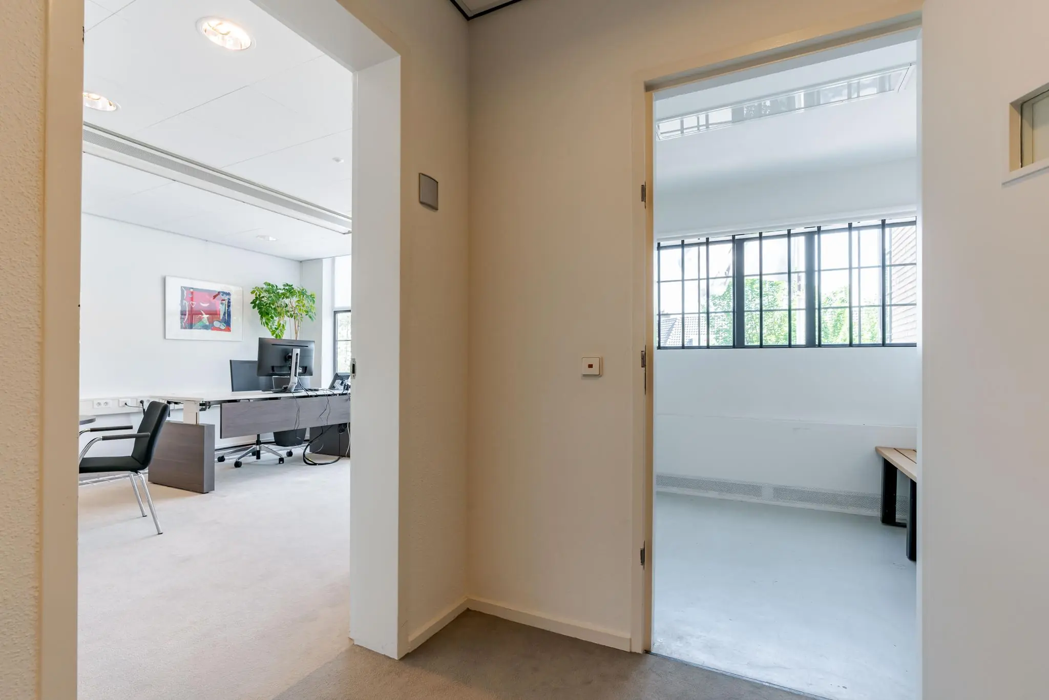 Zicht op een kantoorruimte aan de Van Alkemadelaan met een modern bureau en een naastgelegen kamer met grote ramen.